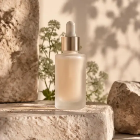 Serum bottle on warm limestone